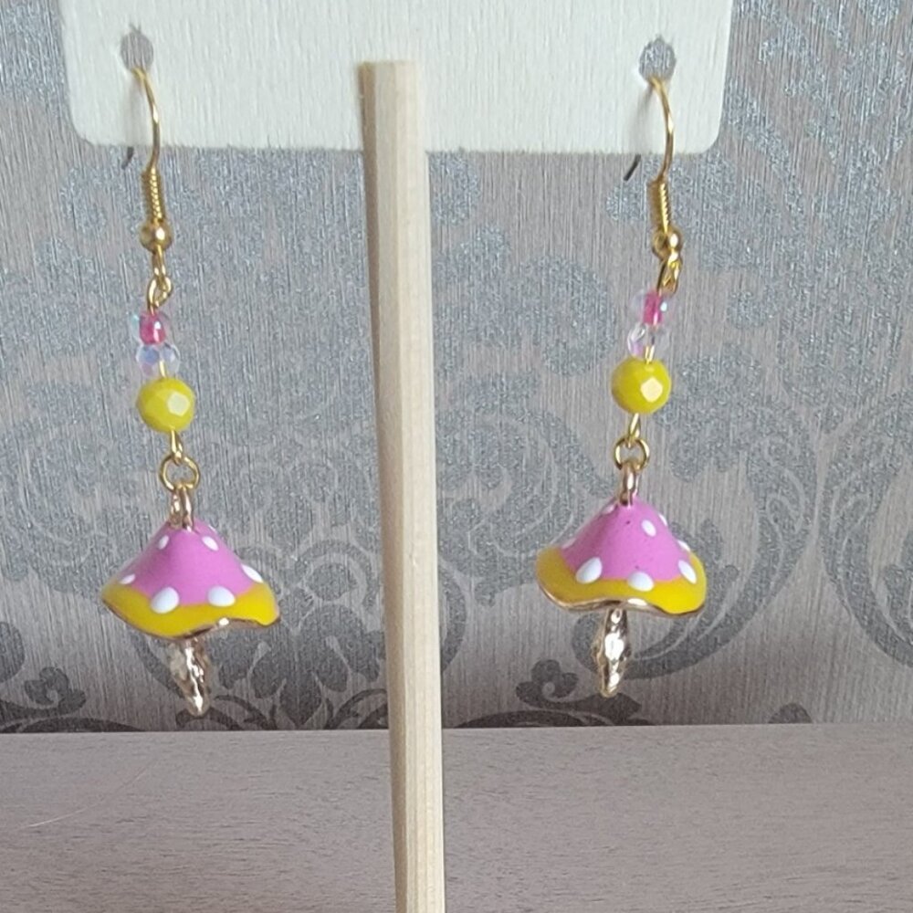 Pink & Yellow Mushroom Earrings